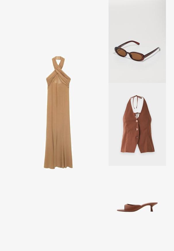 Hnědý halter top s hlubokým výstřihem ve tvaru V, zdobený čtyřmi růžovými knoflíky a zavazováním za krkem. Hladká tkanina s přiléhavým střihem.; Šaty s halter krkem v jemné béžové látce, s sklady na výstřihu a volným, podlahovou délkou.; Hnědé sandály na podpatku s otevřenou špičkou a hladkým, matným povrchem, které mají zakřivený design a průhledný, zúžený podpatek.; Kulaté sluneční brýle hnědé barvy s lesklým burgundským rámem. Úzké nožičky s jemným logem. Rovné čočky.