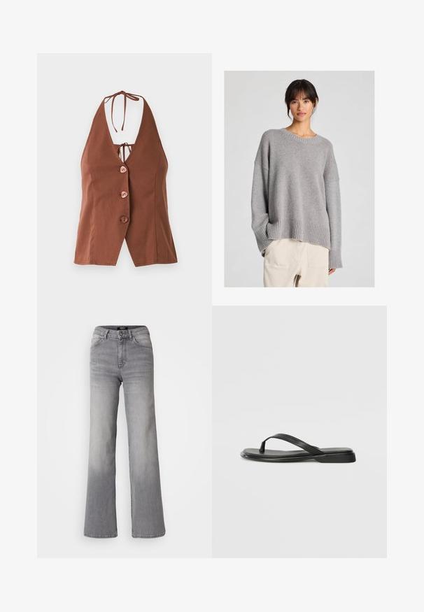 Smeđi halter-top s dubokim V-izrezom, s četiri ružičaste gumbe i vezanjem oko vrata. Glatka tkanina s prilagođenim siluetom.; Sivi pleteni pulover s opuštenim krojem, okruglim izrezom, rebrastim rukavima i rubom. Mekana tekstura s suptilnim pletenim uzorkom. Upareno s svijetlim hlačama.; Sive traperice visokog struka ravnog kroja, s prednjim gumbom i patentnim zatvaračem, prednjim i stražnjim džepovima te izblijedjelim nijansama na bedrima i listovima.; Crne japanke od glatke kože, s tankim remenčićem i ravnim potplatom minimalističkog profila. Bez značajnih uzoraka ili akcenata.