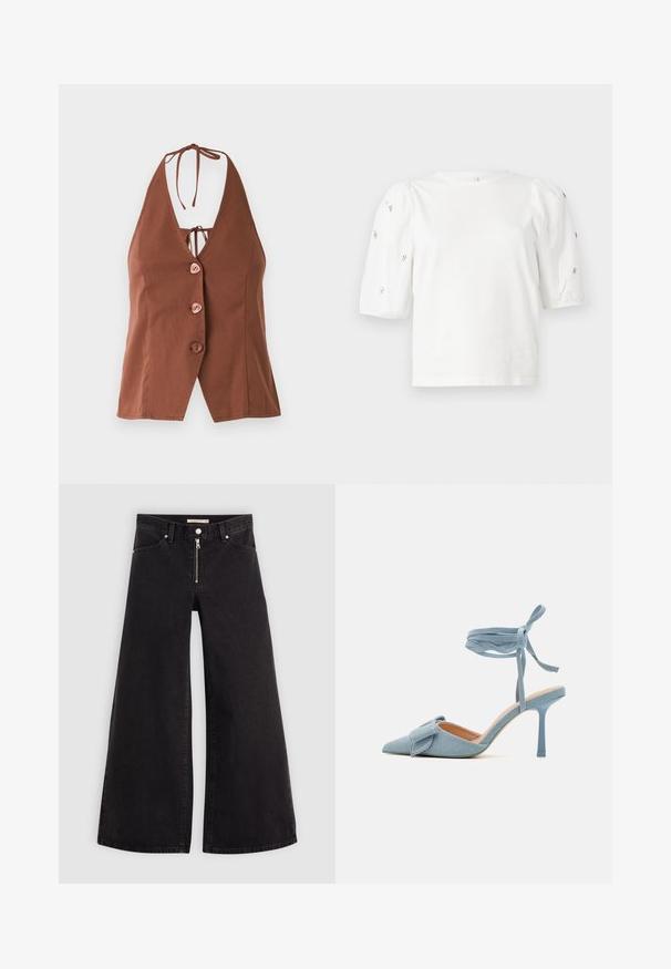 Brun halterneck topp med dyp V-hals, med fire rosa knapper og knytelukking i nakken. Glatt stoff med en tettsittende silhuett.; Hvit bomull T-skjorte med korte pufferm, med små sølvdekorasjoner langs ermene. Klassisk rund hals, avslappet passform.; Vide benbukser i sort denim med glidelås i front, fem-lomme design og subtile sømdetaljer. Glatt tekstur og avslappet stil.; Pekepusted hæl sko i lyseblå stof med en tekstureret finish, med en sløjfeaccent og ankelrem for en sikker pasform.