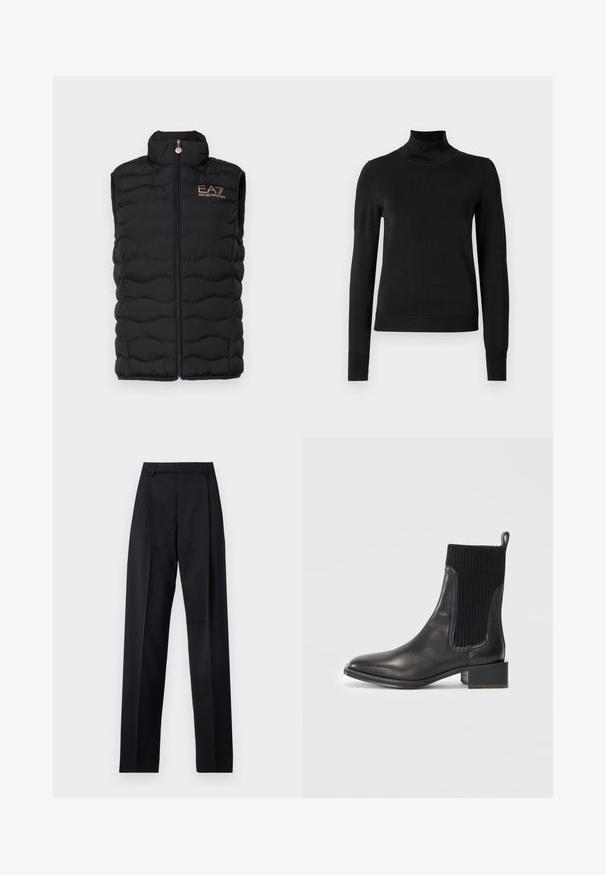 EA7 Emporio Armani JACKET - Väst - black; Svart långärmad polotröja med ribbade muddar och nederkant, visad mot en enkel vit bakgrund.; Svarta byxor i mjukt tyg med hög midja, vida ben, framfickor och klassiska bältesöglor. Inga sidofickor synliga.; Svart läderankelsko med ribbat svart elastiskt parti, fyrkantig tå och låg blockklack. Slät yta med minimala sömdetaljer.