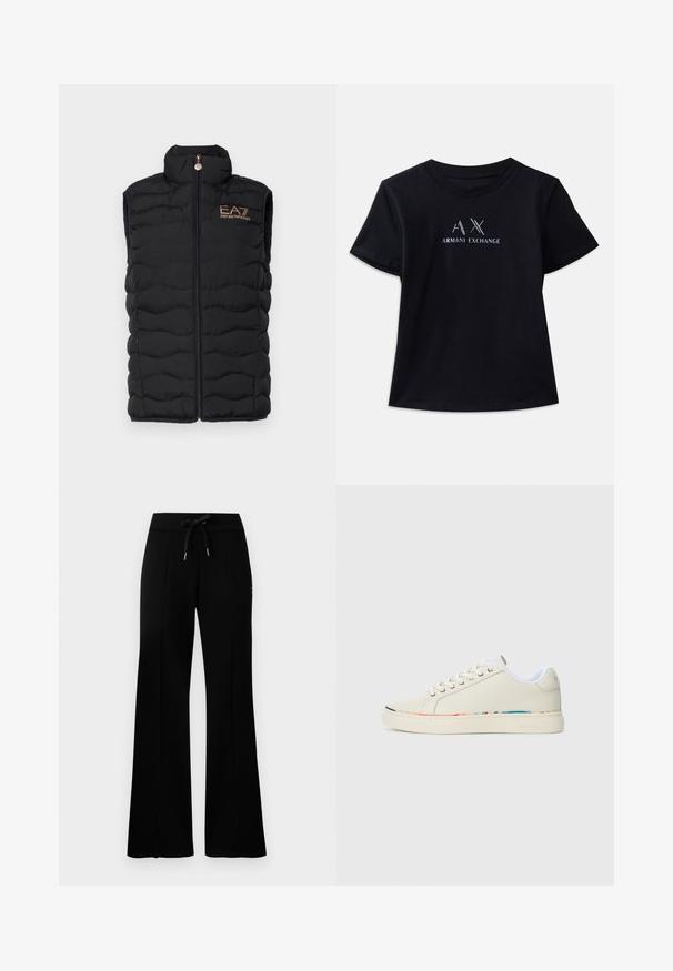 EA7 Emporio Armani JACKET - Liemenė - black; Juoda trumpa rankovėmis marškinėliai su apvaliu iškirpimu. Yra "AX" logotipas ir "ARMANI EXCHANGE" tekstas kontrastingomis baltomis ir metalinėmis akcentais. Minkšta medžiaga.; Juodi platūs sportiniai kelnių su raišteliu liemeniu, šoninėmis įpjovomis, minkšta medžiaga ir elegantiškas dizainas.; Off-white žemo profilio sportiniai bateliai su raišteliais, balta vidinė apdaila ir subtilus daugiaspalvis apvadas aplink pado kraštą, šoninis vaizdas.