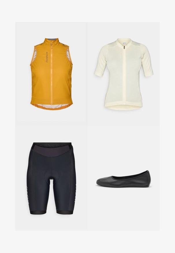 Keltainen hihaton pyöräilyliivi, jossa on korkea kaulus, etuvetoketju, heijastavat yksityiskohdat ja kaareva helmakuvio. Kevyt kangas.; Vaaleankeltainen pyöräilypaita lyhyillä hihoilla, slim fit -mallinen, kokopitkä vetoketju, hienostunut tekstuuripinta ja pyöreä kaulus. Brändin nimi edessä.; Mustat pyöräilyhousut, joissa on tiukka malli, valmistettu sileästä joustavasta kankaasta. Housuissa on tiukka vyötärö ja vahvistettu istuinosan pehmuste.; Musta nahkainen ballerina, jossa on pyöristetty kärki, sileä pinta, minimaalinen ommelkoristelu ja joustava pohjamuotoilu.