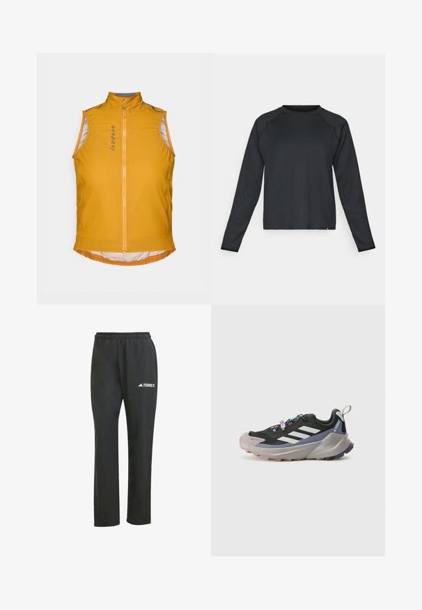 Vesta galbenă fără mâneci pentru ciclism, cu guler înalt, dotată cu un fermoar frontal, accente reflectorizante și un design cu margine curbată. Material ușor.; Tricou negru cu mânecă lungă, dintr-un material texturat, cu un model canelat. Dispune de un guler rotund și o tivă rotunjită, ideal pentru îmbrăcămintea sport.; Pantaloni negri ușori cu talie elastică. Prezintă un logo subtil "TERREX" în alb. Material neted și design cu picioare drepte.; Pantofii sport negri cu superior din Gore-Tex, dungi albe, accente violet, talpă intermediară groasă gri și talpă exterioară texturată gri pentru aderență.