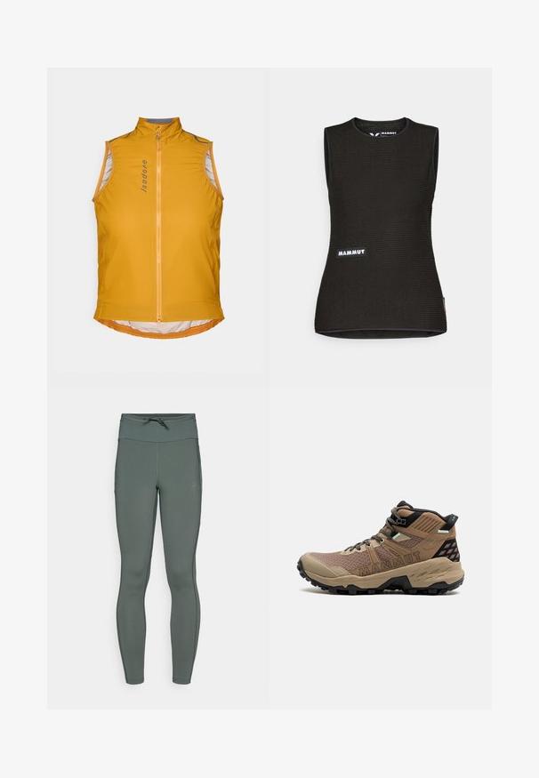 Gelbes ärmelloses Radtrikot mit hohem Kragen, ausgestattet mit einem Reißverschluss vorne, reflektierenden Akzenten und einem abgerundeten Saumdesign. Leichtes Material.; Schwarzes ärmelloses Shirt mit einem strukturierten Muster, runder Ausschnitt und einem "MAMMUT"-Logo auf der Vorderseite. Aus atmungsaktivem Material gefertigt.; Hoch geschnittene Leggings in einem gedämpften Grünton, aus dehnbarem Stoff mit glatter Textur und flachen Nähten; ausgestattet mit einem Kordelzugbund.; Hochschnittige Wanderschuhe aus braunem Synthetikmaterial mit strukturiertem Mesh, schwarzen Akzenten und einer robusten Sohle, die für Traktion ausgelegt ist.