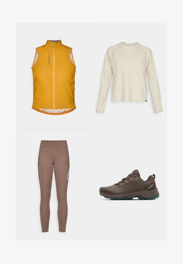 Gul ærmeløs cykelvest med høj krave, der har en frontlynlås, reflekterende detaljer og et buet nederste design. Letvægtigt stof.; Lys beige langærmet top med et tekstureret, ribbet design. Har raglanærmer og en rund halsudskæring. Diskret brandlogo ved kanten.; Brune atletiske leggings med høj talje, der har sidelommer og et hvidt logo. Glat, strækbart stof for komfort og bevægelighed.; Grå og teal vandresko med mesh-paneler, tekstureret overdel og robust gummisål. Har polstret tunge og snørebåndsdesign.