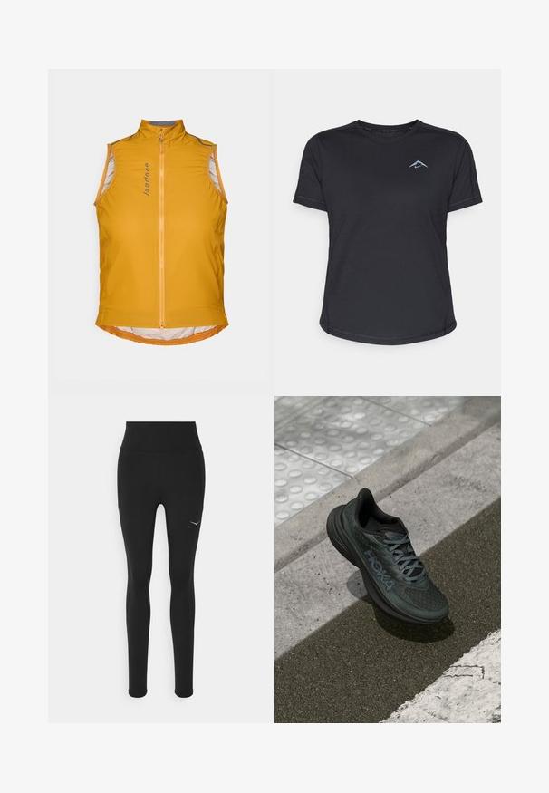 Žltá bezrukávová cyklistická vestu s vysokým golierom, predným zipsom, reflexnými akcentmi a zakriveným lemom. Ľahký materiál.; Čierne športové tričko s krátkym rukávom a okrúhlym výstrihom, hladká tkanina a reflexná modrá-logo na ľavej hrudi. Stehy pozdĺž švov.; Čierne legíny s vysokým pásom vyrobené z elastického materiálu. Obsahujú malé biele logo na ľavej strane a detailovanie na bočných švoch.; Čierna bežecká obuv s vrchnou časťou zo sieťoviny, textúrovanými detailmi a logom, ktorá má polstrovanú podošvu a sivé šnúrky, umiestnená na chodníku.
