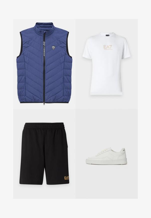 Modra zaplana brezrokavnik s stoječim ovratnikom, sprednjim zadrgo, stranskimi žepi in majhnim logotipom EA7 Emporio Armani na prsih.; Bela bombažna majica s krožnim izrezom in kratkimi rokavi, s pozlačenim logotipom EA7 Emporio Armani natisnjenim spredaj.; Črne športne kratke hlače iz mehkega blaga, z elastičnim pasom in majhnim rumenim logotipom EA7 na spodnjem levem delu noge.; Bela usnjena športna obutev z gladko površino, okroglo prst, ravne vezalke in teksturiran podplat. Ima diskretno logo na peti.
