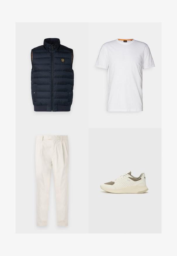 Mornarsko podloženo brezrokavnik z visokim ovratnikom, zadrgo spredaj in stranskimi žepi. Ima zlat logotip na prsih in rebrast rob za tesno prileganje.; Bela bombažna majica s kratkimi rokavi in okroglim izrezom, z diskretnim reliefnim logotipom na prsih. Notranja oznaka ima oranžni akcent.; Bele, plisirane hlače s krojenim prileganjem, z gladko teksturo, z zankami za pas in ožjimi hlačnicami. Brez vidnih žepov ali vzorcev.; Beli in svetlo bež športni copat, s mrežastim zgornjim delom, perforiranimi detajli in teksturirano srednjim delom z blagovno znamko na peti.
