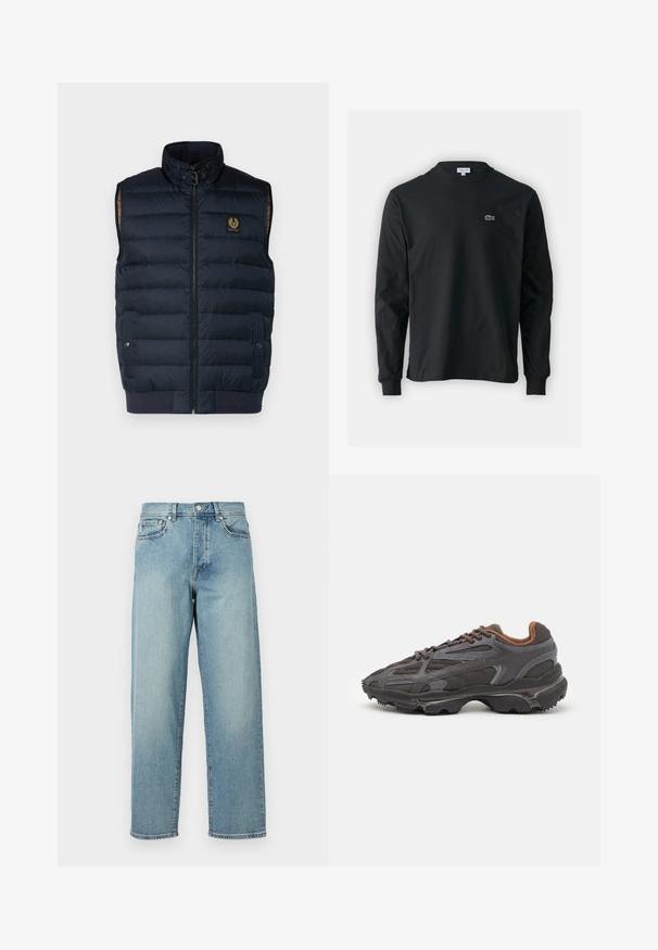 Ναυτικό αμάνικο γιλέκο με ψηλό γιακά, φερμουάρ μπροστά και πλάγιες τσέπες. Διαθέτει χρυσή λογότυπη πινακίδα στο στήθος και ραμμένο στρίφωμα για άνετη εφαρμογή.; Μαύρο μπλουζάκι με μακριά μανίκια από βαμβάκι, με στρογγυλή λαιμόκοψη και μικρό πράσινο κεντητό λογότυπο κροκοδείλου στην αριστερή πλευρά του στήθους.; Ανοιχτό γαλάζιο τζιν παντελόνι με χαλαρή εφαρμογή, ίσια πόδια, σχέδιο με πέντε τσέπες και κούμπωμα με κουμπί στη μέση. Ελάχιστη λεπτομέρεια ραφής.; Αθλητικά παπούτσια Lacoste σε σκούρο γκρι χρώμα, κατασκευασμένα από διχτυωτό και συνθετικό υλικό, με ελαστική σόλα και καφέ λεπτομέρειες στον γιακά και στο branding.