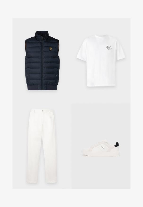 Marinefarbener, gepolsterter Weste mit hohem Kragen, Reißverschluss vorne und seitlichen Taschen. Mit goldfarbigem Logo-Patch auf der Brust und geripptem Saum für eine bequeme Passform.; Weißes Baumwoll-T-Shirt mit kurzen Ärmeln, Rundhalsausschnitt, mit einem schwarzen CK-Logo im linken Brustbereich, normale Passform, glatte Textur.; Weiße Hose aus glattem Gewebe, mit geradem Bein, Vorderfalten und einem einzelnen Knopfverschluss an der Taille.; Weiße Sneakers mit hellrosa und schwarzen Akzenten, featuring glattem Leder und Wildlederpaneelen, runder Zehenform und flacher Gummisohle.