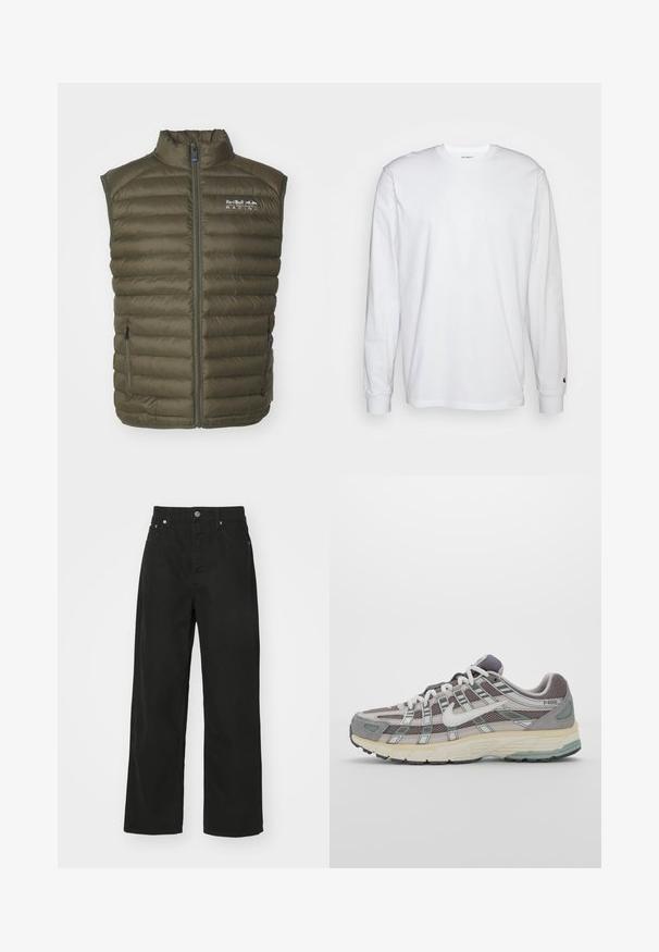 Maslinasto zeleni pufasti prsluk s visokim ovratnikom, punim prednjim zatvaračem i bočnim džepovima. Ima horizontalni šavovani uzorak i brendirani logo.; Bijela dugopruga majica s dugim rukavima od pamuka. Dizajn s okruglim izrezom, rebrastim manžetama i malim logotipom na lijevom rukavu. Glatka tekstura.; Crne traperice s ravnim nogavicama, koje imaju pet džepova, kopčanje na gumb i klasični pojas. Glatka tekstura.; Siva sportska tenisica s gornjim dijelom od mrežaste tkanine i zamshta, bijelim detaljima, amortizirajućom potplatom i prepoznatljivim dizajnom s refleksivnim elementima.