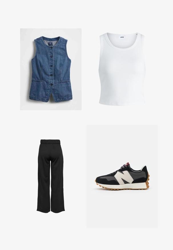 Stackless sininen farkkaliivit pyöreällä pääntiellä, etupuolella nappikiinnitys ja kaksi etutaskua.; Valkoinen ribbattu hihaton toppi, jossa on pyöreä pääntie ja lyhyt malli. Tunnuslukuna lukee "JJXX". Sujuva kangas.; Mustat, leveälahkeiset housut, joissa on joustava vyötärö, valmistettu sileästä kankaasta. Ominaisuuksia ovat puhdas muotoilu ilman taskuja tai näkyviä ompelusaumoja.; Mustat ja harmaat mokkakenkä, jossa on suuri kermanvärinen "N"-logo, violetit nauhat ja teksturoitu kumipohja.