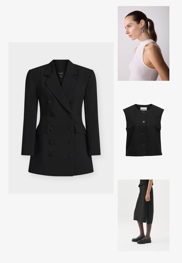 Sort ærmeløs top lavet af struktureret stof med en rund halsudskæring og fem store sorte knapper foran.; Sort dobbeltradet blazer med skræddersyet design, hakkede revers, to forlommer og runde stofknapper som detaljer.; Sort knælange nederdel med sideslids, parret med sorte loafers og gennemsigtige brune strømpebukser, der har et glat stof og et enkelt design.; Sølv dråbeøreringe med rundede accenter, sat mod en model iført en hvid ribbet ærmeløs top, der fremviser en glat tekstur.