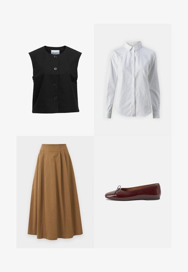 Svart ermeløs topp laget av teksturert stoff, med rund hals og fem store svarte knapper foran.; Hvit skjorte med knapper laget av glatt bomull, med klassisk krage, lange ermer og buet skjær. Knapper er små og hvite.; Brun bomull A-linje skjørt med høy midje, med folder foran og en jevn tekstur. Kantene er rene og enkle.; Burgunderrød lakk lær ballettleilighet med rund tå, liten sløyfe foran og en lav, svart gummisåle. Glatt tekstur.