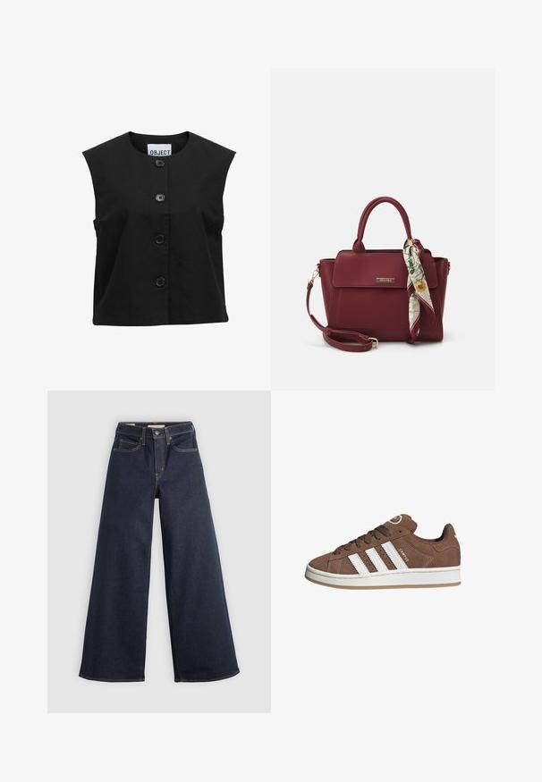 Czarny bezrękawnik wykonany z teksturowanej tkaniny, z okrągłym dekoltem i pięcioma dużymi czarnymi guzikami z przodu.; Biała koszula z długim rękawem, zapinana na guziki, z zaostrzonym kołnierzykiem i marszczonymi mankietami, wyeksponowana na jasnym białym tle.; Szerokie jeansy z denimu w ciemnoniebieskim kolorze z kontrastowymi przeszyciami. Charakteryzują się tradycyjnym pięciopocketowym fasonem oraz zapięciem na guzik w pasie.; Brązowe zamszowe sneakersy z białymi skórzanymi paskami, gumową podeszwą, zaokrąglonym noskiem i sznurowanym przodem. Posiadają logo na języku i perforowane akcenty.; Burgundowa torebka wykonana z materiału syntetycznego, o strukturalnym designie, z odpinanym paskiem i chustą w kwiatowy wzór związaną na uchwycie.