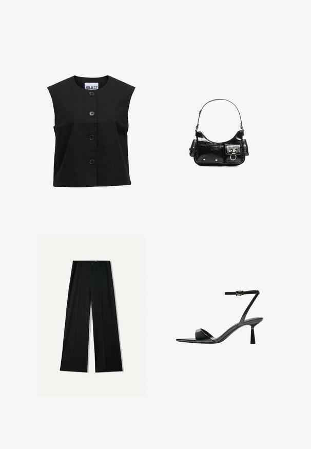 Sort ærmeløs top lavet af struktureret stof med en rund halsudskæring og fem store sorte knapper foran.; Sort bomulds tanktop med rund halsudskæring og brede skulderstropper. Har en glat tekstur og et klassisk, tætsiddende design.; Bershka WIDE - Bukser - black; Bershka Højhælede sandaletter / Højhælede sandaler - black; Sort patenteret læder håndtaske med en buet form, en skulderrem, frontlommer og hardware accenter i sølvfarve.