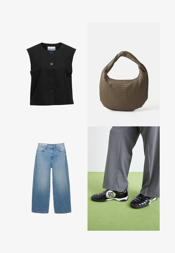 Top senza maniche nero realizzato in tessuto testurizzato, con scollatura tonda e cinque grandi bottoni neri sul davanti.; Costume da bagno intero nero con scollatura a V profonda e spalline incrociate sul retro. Realizzato in tessuto morbido con un design elegante e aderente.; Jeans a gamba larga di un blu chiaro in denim, con un classico design a cinque tasche e chiusura con bottone. Texture scolorita in tutta la superficie.; Sneakers in pelle verniciata nera con un dettaglio argentato "90", caratterizzati da una superficie testurizzata e un design con lacci, abbinati a pantaloni larghi grigi.; Borsa in oliva intrecciata con forma arrotondata e manico attorcigliato. La superficie testurizzata presenta un motivo diagonale. Chiusura con cerniera.