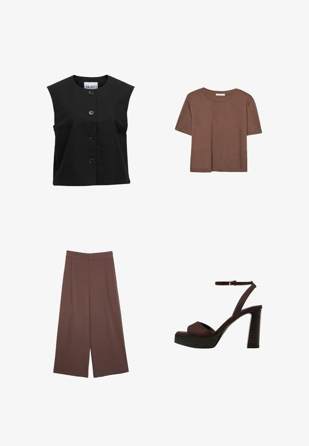 Schwarzes ärmelloses Oberteil aus strukturiertem Stoff mit einem runden Halsausschnitt und fünf großen schwarzen Knöpfen auf der Vorderseite.; Braunes, kurzärmliges T-Shirt aus weichem Material mit rundem Halsausschnitt und lockerer Passform. Keine sichtbaren Muster oder Akzente.; Braune Weite-Leg-Hosen mit einer glatten Textur, hoher Taille und Vorderfalten. Der Stoff ist leicht und fällt locker.; Braune Wildleder-Pumps mit offenem Zeh, verstellbarem Knöchelriemen und gestreiftem Plateausohlen.