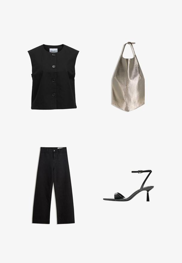 Sort ærmeløs top lavet af struktureret stof med en rund halsudskæring og fem store sorte knapper foran.; Metallisk grå forstykke med en glat tekstur, der har en cirkulær halsåbning og en flad bundkant. Enkel design med justerbar strop.; Sorte wide-leg denim bukser med høj talje, der har front- og baglommer, syede sømme og en knaplukning. Glat tekstur.; Bershka Højhælede sandaletter / Højhælede sandaler - black