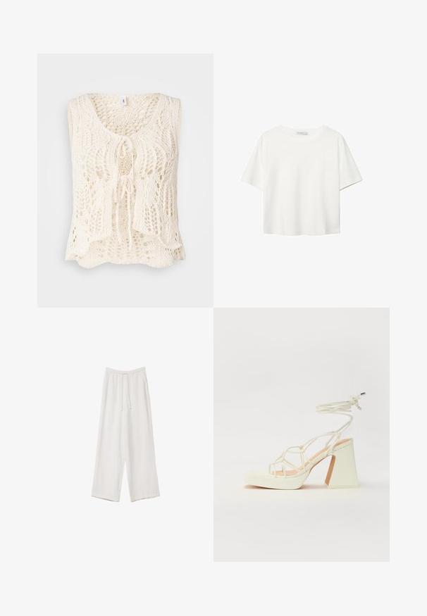 Pleteni telovnik v kremni barvi z V-izrezom in zavezovanjem. Ponaša se z zapletenim odprtim vzorcem in ohlapnim, tekočim dizajnom. Mehka tekstura.; Bela kratka majica s kratkimi rokavi iz bombaža. Ima okroglo izrezovanje in sproščen kroj. Gladka tekstura brez vidnih vzorcev ali poudarkov.; Bele široke hlače iz lahkega materiala. Imajo elastičen pas s vrvico in stranske žepe. Gladka tekstura.; Bela sandala na visokih petah s debelim petam, ki ima obliko trakcev in vezanje okoli gležnja. Gladka tekstura z platformo spredaj za dodatno višino.