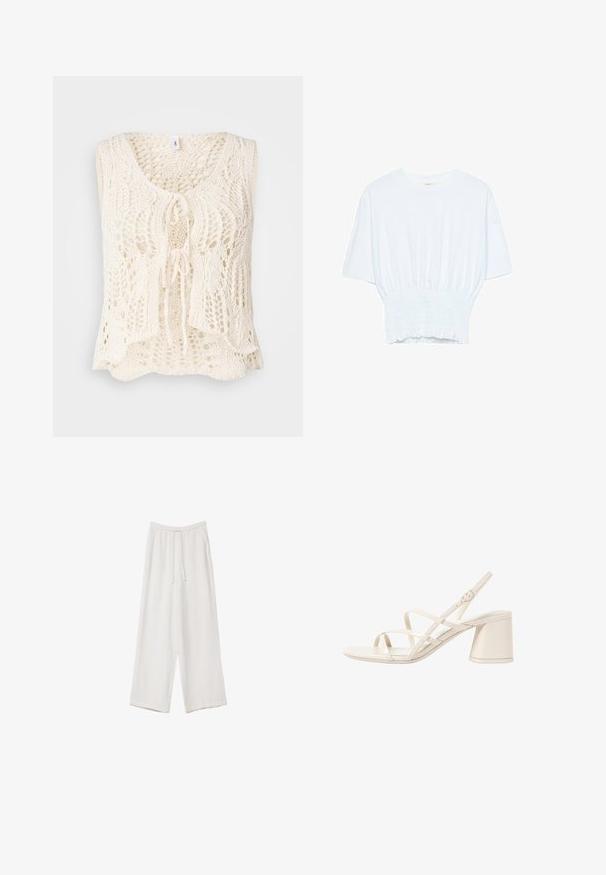 Gilet lavorato a maglia color crema con scollatura a V e chiusura con lacci. Presenta un intricato motivo a fondo aperto e un design morbido e fluido. Texture soffice.; T-shirt bianco a maniche corte con una vestibilità rilassata e una texture smock in vita. Realizzato in tessuto morbido e leggero.; Pantaloni a gamba larga bianchi realizzati in un tessuto leggero. Presentano una vita elastica con cordoncino e tasche laterali. Texture liscia.; Sandali con tacco beige con sottili cinturini incrociati, punta aperta e tacco quadrato a blocco. Finitura in vernice liscia, cinturino alla caviglia regolabile.