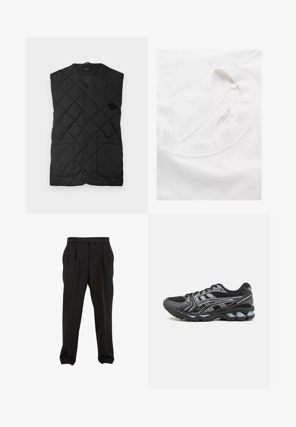 Schwarze gesteppte Weste mit V-Ausschnitt, vorn mit einem Knopfverschluss und zwei großen Seitentaschen. Markenlogo auf der linken Seite angebracht.; Weißes Baumwoll-T-Shirt mit Rundhalsausschnitt und weichem Material. Verfügt über ein gedrucktes Etikett im Kragen mit "LEVEL UP" und Größeninformationen.; Schwarze Hose aus glattem Stoff mit Frontfalten, einem Knopfbund und schmal zulaufenden Knöchelbündchen. Klassische, taillierte Silhouette.; Schwarze Sportschuhe mit Mesh-Obermaterial, silbernen Akzenten und gepolsterter Sohle. Verfügt über ein Schnürdesign und ein strukturiertes Profil für besseren Halt.
