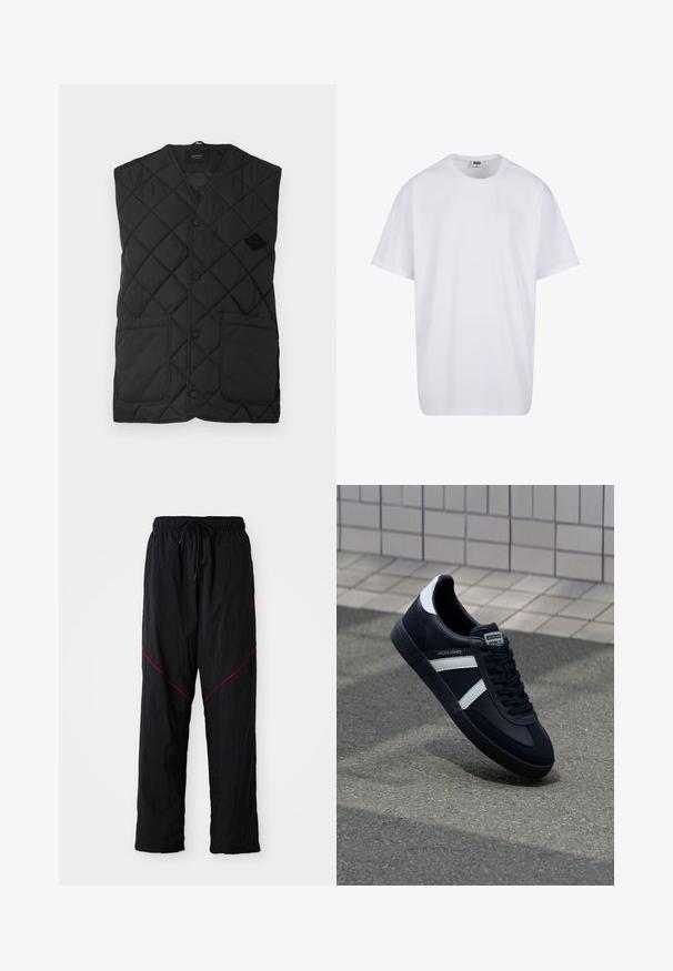 Črni prešiti telovnik z V-izrezom, ki ima sprednje gumbno zapiranje in dva velika stranska žepa. Logo blagovne znamke prikazan na levi strani.; Bela bombažna majica s kratkimi rokavi, okroglim izrezom, sproščenim krojem in brez vidnih logotipov ali vzorcev. Gladka tekstura in minimalen dizajn.; Črne športne hlače z teksturiranim zaključkom, z vrvico za prilagajanje v pasu, rdečimi detajli in ohlapnim krojem.; Črne usnjene superge z belimi črtami, teksturiran gumijast podplat in zavezovanje spredaj. Imajo označeno oznako na ježku.