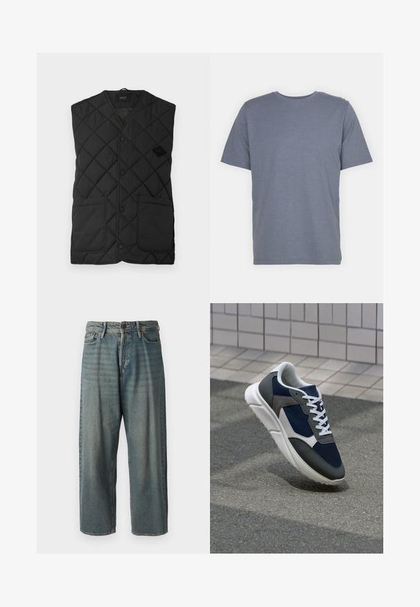 Colete acolchoado preto com decote em V, apresentando um fecho frontal com botões e dois grandes bolsos laterais. Logótipo da marca exibido no lado esquerdo.; T-shirt cinza de manga curta com gola redonda, feita de um tecido suave em mistura de algodão. Design simples, sem padrões ou detalhes.; Jeans de ganga azul claro com um corte solto, cintura média e pernas retas. Apresenta cinco bolsos, passadores de cinto e fecho com botão.; Sapatilha com parte superior em malha azul-marinho, detalhes em camurça cinza, sola de borracha branca e atacadores brancos planos, projetada para conforto e respirabilidade.