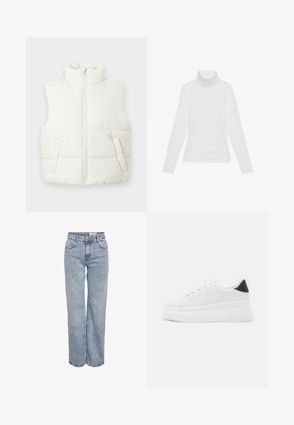 White puffer vest with a high collar, front zipper, and two side pockets. Quilted texture with a smooth finish and subtle branding.; White long-sleeve turtleneck top made of smooth, stretchy fabric. Features a high collar and fitted design, with no visible patterns or embellishments.; Light blue wide-leg jeans made from denim, featuring a high waist, five-pocket design, and subtle fading for a worn-in look.; White platform sneakers made of smooth synthetic material, featuring a rounded toe, lace-up design, and a textured rubber sole. Black heel accent.
