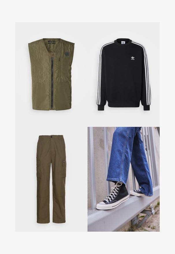 Olivenfarvet quilted vest med frontlynlås, rund hals og to store lommer. Har et lille emblem på venstre bryst.; Sort sweatshirt med hvidt tre-stripes design på ærmerne, rund hals, ribbede manchetter og lille hvid Adidas-logo på brystet.; Mørkeblå bomulds T-shirt med rund halsudskæring og korte ærmer. Har et enkelt design uden mønstre eller pynt.; Cargo bukser i olivengrøn, lavet af slidstærkt stof. Har to sidelommer, en standard talje og en lige ben design.; Sorte høj-top sneakers med hvid sål og snørebånd, parret med løse blå denimjeans, hvilende på et gråt gelænder.