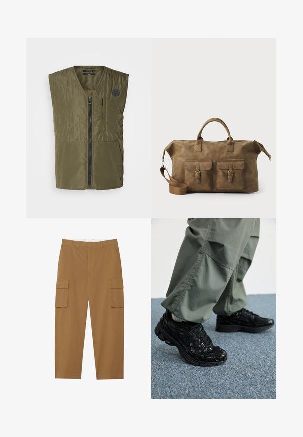 Oliwkowa pikowana kamizelka z zamkiem z przodu, okrągłym dekoltem i dwiema dużymi kieszeniami. Posiada małą emblemat na lewej piersi.; Dwie koszule z krótkim rękawem: jedna w solidnej czerni, druga biała w czarne pionowe paski. Obie mają zapięcie na guziki i klasyczny kołnierzyk.; Brązowe spodnie cargo z dwoma bocznymi kieszeniami, gładkim przodem i prostą nogawką. Wykonane z trwałego materiału o gładkiej fakturze.; Czarne sportowe sneakersy z błyszczącą i siateczkową teksturą, z grubą podeszwą i sznurowadłami, w połączeniu z luźnymi oliwkowymi spodniami cargo.; Brązowa skórzana torba podróżna z dwiema przednimi kieszeniami, regulowanym paskiem na ramię, złotymi elementami i solidnymi uchwytami górnymi. Gładka textura.