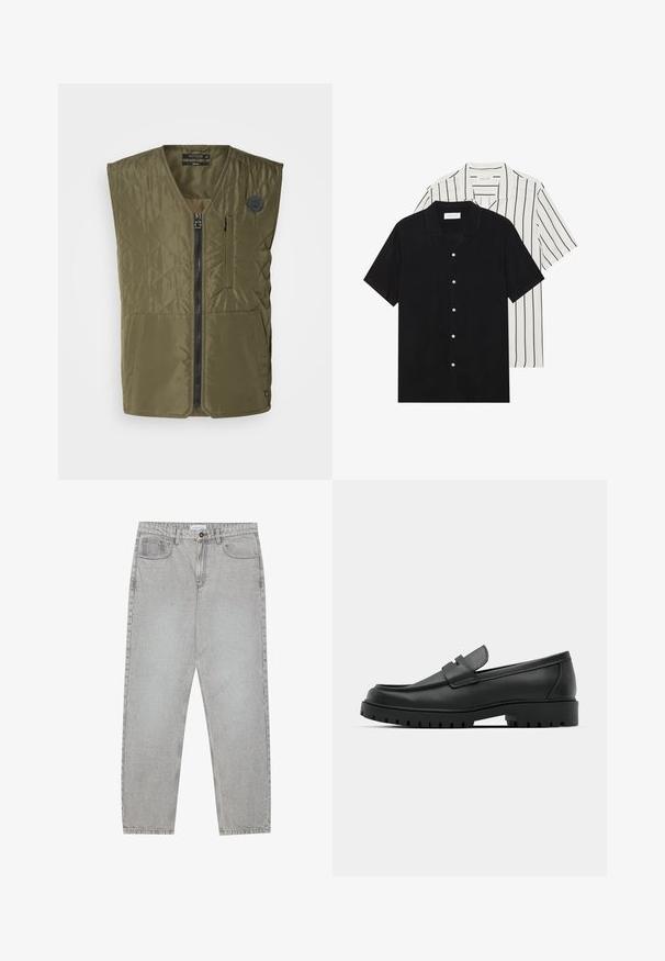 Oliwkowa pikowana kamizelka z zamkiem z przodu, okrągłym dekoltem i dwiema dużymi kieszeniami. Posiada małą emblemat na lewej piersi.; Dwie koszule z krótkim rękawem: jedna w solidnej czerni, druga biała w czarne pionowe paski. Obie mają zapięcie na guziki i klasyczny kołnierzyk.; Jasnoszare dżinsy o prostym kroju nogawki, z pięcioma kieszeniami i zapięciem na guzik. Widoczne szwy wzdłuż szwów.; Czarne skórzane mokasyny z zaokrąglonym noskiem, posiadające przeszywany wzór, niską platformę oraz teksturowaną, gumową podeszwę z bieżnikiem.