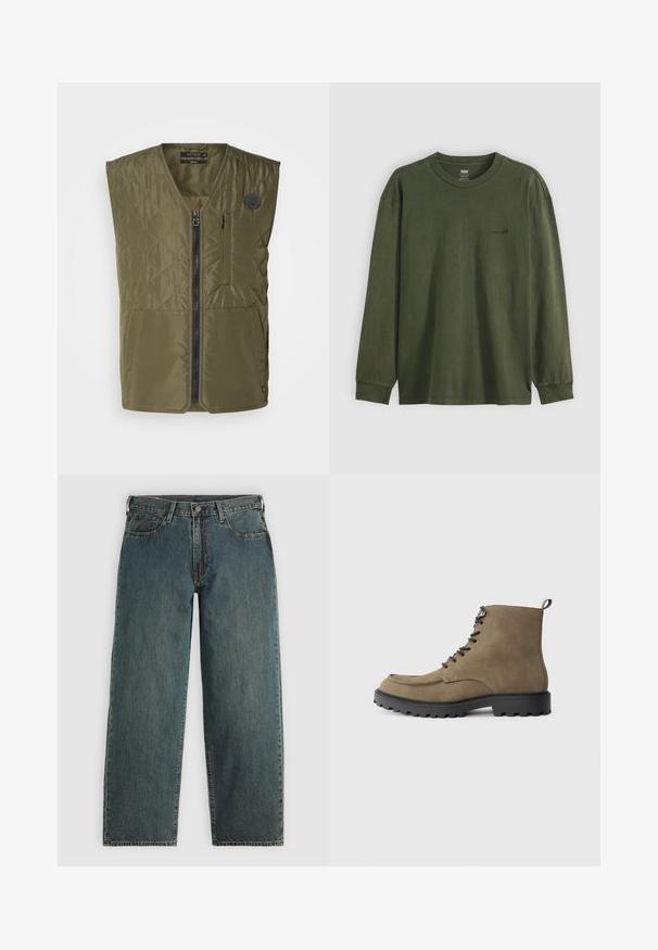 Olive roheline pehme vest, millel on ees lukuga sulgemine, ümar kaelus ja kaks suurt taskut. Vasakul rinnal on väike embleem.; Tumedast rohelisest puuvillast pikavarsaline crew neck t-särk. Särgil on rinnal väike must logo ja ribidega mansetid. Sile tekstuur.; Tumedad sinised sirged teksapüksid nupuga ja tõmblukuga, ees olevate taskutega ja vöödega helesinise halli tausta peal.; Kahvatu suede saabas musta kummitaldaga, ümar varvas, nööriga esiosa ja kontrastsete õmblustega. Omab kanda paelumist lihtsustavat silmust.