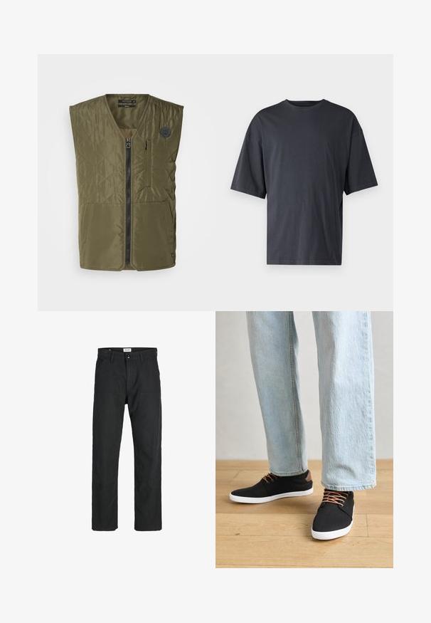 Oliwkowa pikowana kamizelka z zamkiem z przodu, okrągłym dekoltem i dwiema dużymi kieszeniami. Posiada małą emblemat na lewej piersi.; Ciemnoszara koszulka z krótkim rękawem wykonana z lekkiej bawełny, posiadająca luźny krój i klasyczny okrągły dekolt, o gładkiej fakturze i bez wzorów.; Czarne spodnie wykonane z trwałego materiału, z prostym krojem nóg, przeszyciami i dwiema przednimi kieszeniami dla funkcjonalności.; Czarne płócienne trampki z brązowymi akcentami, białą gumową podeszwą i brązowymi sznurówkami, zestawione z jasnoniebieskimi dżinsami o prostym kroju. Tło z drewnianą podłogą.