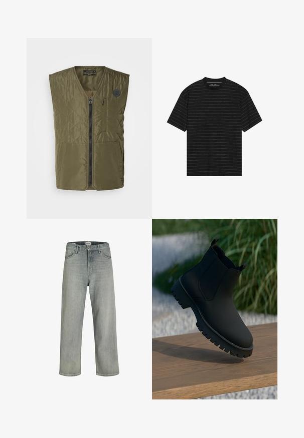 Olivenfarvet quilted vest med frontlynlås, rund hals og to store lommer. Har et lille emblem på venstre bryst.; Sorte T-shirt med korte ærmer, der har tynde hvide vandrette striber. Fremstillet af blødt stof med rund halsudskæring og afslappet pasform.; Lysegrå, løstsiddende jeans lavet af denim. Har et klassisk fem-lomme design, bæltestropper og en lige ben silhuet.; Sort ankelstøvle med en glat overflade, elastiske sidepaneler og en tyk, robust sål. Sat mod en naturlig baggrund på en træoverflade.