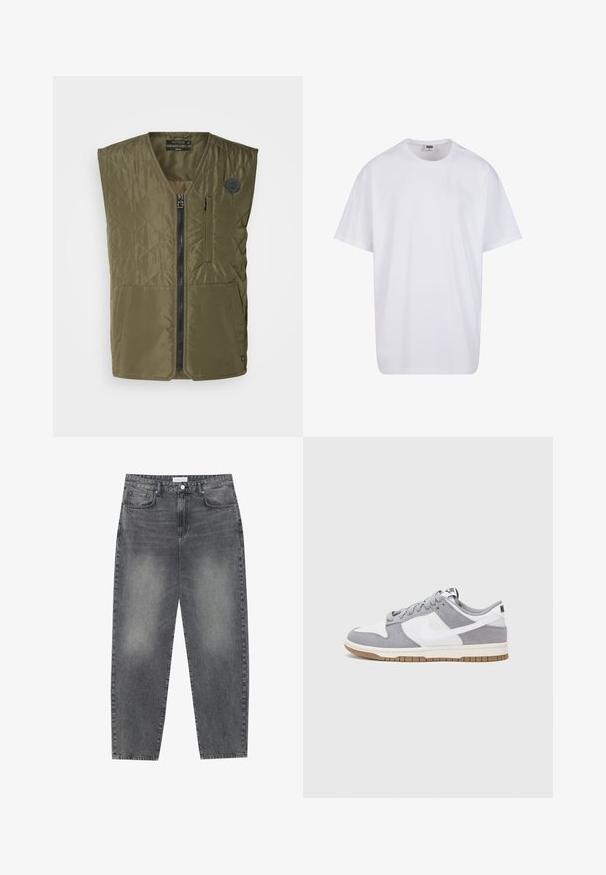 Olivo vihreä tilkkuhihainen liivi, jossa on etuvetoketju, pyöreä kaula-auko ja kaksi suurta taskua. Vasemmassa rinnassa on pieni emblem.; Valkoinen puuvillainen t-paita, jossa on lyhyet hihat, pyöreä kaula-aukko, rento istuvuus ja ei näkyviä logoja tai kuvioita. Sileä pinta ja minimaalinen muotoilu.; Korkeavyötäröiset, väljät farkut haalistuneesta mustasta denimestä. Ominaisuuksiin kuuluu viisi taskua, vyölenkit ja siisti, suora lahjetyyli.; Harmaa ja valkoinen lenkkari, jossa on mokka- ja nahkapinta, pyöreä kärki, litteät nauhat ja kumipohja, jossa on vaahtomuoviväri.