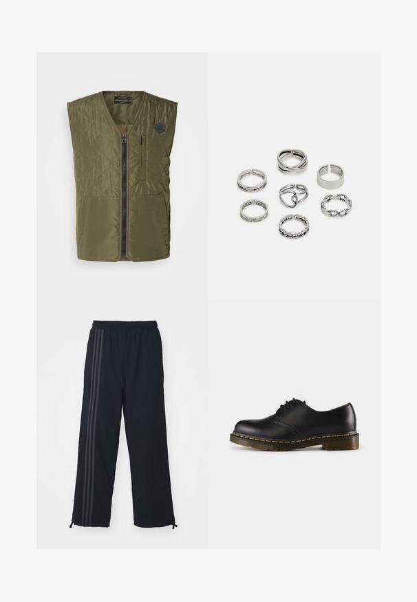 Olive green quilted vest with a front zipper, round neck, and two large pockets. Features a small emblem on the left chest.; White long-sleeved T-shirt made of cotton. Crew neck design with ribbed cuffs and a small logo on the left sleeve. Smooth texture.; Black fleece pants with an elastic waistband, featuring three dark gray vertical stripes along the sides and adjustable ankle ties.; Black leather shoe with rounded toe, lace-up design, yellow stitching along the sole, and a chunky, textured rubber outsole.; Set of seven silver rings featuring various designs, including twisted, linked, and engraved patterns. Different shapes and widths.
