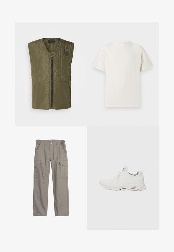 Olivovo zelená prešívaná vesta s predným zipsom, okrúhlym krkom a dvoma veľkými vreckami. Obsahuje malý emblém na ľavej hrudi.; Biela krátka tričko s krátkym rukávom so žebrovanou textúrou. Okrúhly výstrih, uvoľnený strih, žiadne viditeľné vzory ani akcenty. Jednoduchý a všestranný dizajn.; Cargo nohavice z svetlo šedej tkaniny, s dvoma veľkými bočnými vreckami, prednými vreckami, gombíkovým zapínaním a voľným strihom.; Biele športové topánky so štruktúrovaným pleteným zvrškom, plochými šnúrkami a odpruženou podrážkou s viditeľnými vzduchovými komorami pre dodatočnú podporu.