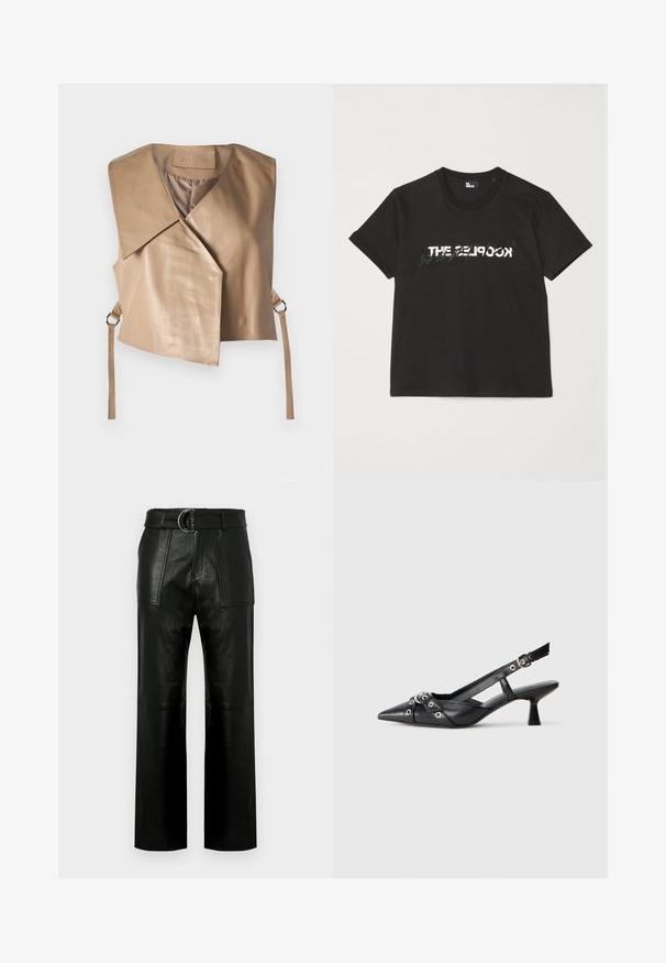 Cortiertes Weste aus tanfarbenem Leder mit einem Schalkragen und asymmetrischer Vorderseite. Verfügt über ein Bindedetail mit Metallbeschlägen an den Seiten.; Schwarzes Baumwoll-T-Shirt mit kurzen Ärmeln, das ein gedrucktes weißes und graues "THE 2LOOK"-Design auf der Vorderseite zeigt. Klassischer Rundhalsausschnitt.; Hochtaillierte schwarze Lederhose mit weitem Bein, großen aufgesetzten Taschen vorne und einem passenden Gürtel mit Doppelringverschluss.; Schwarzer Leder-Slingback-Schuh mit spitz zulaufender Zehenpartie, dekorativen Riemen mit METALLÖSEN und niedrigem Blockabsatz. Strukturelle Oberfläche.