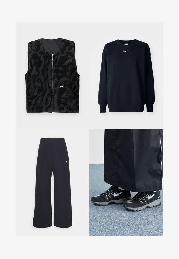 Colete de fleece preto com fecho zip, apresentando um design texturizado com padrão animal e um pequeno logótipo da Nike em branco no lado esquerdo.; Sweatshirt preto feito de uma mistura de algodão; com decote arredondado canelado, mangas compridas e punhos elásticos; apresenta um pequeno logotipo prateado da Nike no peito.; Calças largas pretas com um cós elástico e um pequeno logótipo branco da Nike. O tecido tem uma textura suave, projetado para conforto e uso casual.; Tênis atléticos pretos com um cabedal texturizado, detalhes prateados e um solado estampado, combinados com uma peça longa preta. Ambientado sobre um tapete azul.