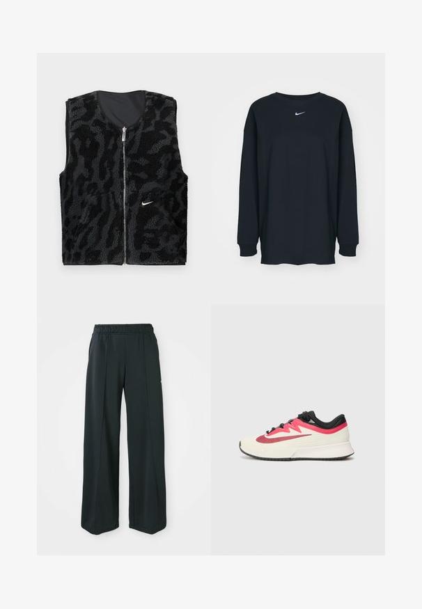 Juodas šviesus liemenė su užtrauktuku, turinti tekstūruotą gyvūnų rašto dizainą ir mažą baltą Nike logotipą kairėje pusėje.; Juodas ilgam rankovėms marškinėlis, pagamintas iš medvilnės, su apvalia iškirpte. Krūtinėje yra baltas Nike logotipas. Minkšta tekstūra, paprastas dizainas.; Juodos, plačios sportinės kelnės su elastingu juosmeniu. Pagamintos iš lygaus, tampraus audinio, su subtiliomis priekinėmis siūlėmis ir be kišenių.; Bėgimo bateliai su kreminiu viršumi, raudonais ir juodais akcentais, ir tekstūruota paviršiumi. Yra juodos raišteliai ir paminkštintas padas komfortui.
