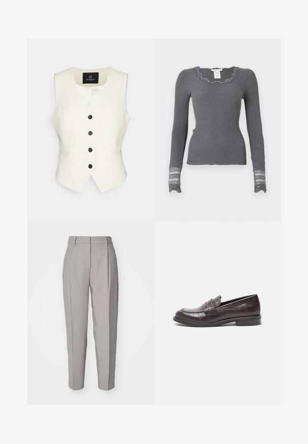 Cremefarbenes Leinenweste mit V-Ausschnitt, fünf schwarzen, runden Knöpfen und seitlichen Taschen. Glatte Textur und maßgeschneiderter Schnitt.; Grauer, langärmliger Ripp-Oberteil mit gewelltem Halsausschnitt und mit Spitze verzierten Bündchen, das ein strukturiertes Muster aufweist.; Hellegraue maßgeschneiderte Hose mit glatter Textur, gefälteltem Vorderteil und geradem Bein. Verfügt über Gürtelschlaufen und eine glänzende Oberfläche.; Dunkelbraune Lederloafers mit Krokodilstruktur, flachem Absatz und gesteppten Details an der Vorderseite für zusätzlichen Stil.