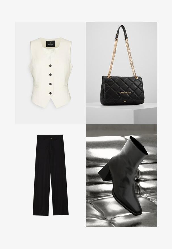 Vest din in lină crem, cu decolteu în v, cinci butoane negre circulare și buzunare laterale. Textură fină și design croit.; Bluză cu mâneci lungi, dungată în navy și alb, cu decolteu tip bărci și accente cu nasturi aurii pe mânecile răsucite. Material moale, croială lejeră.; Pantaloni negri cu picioare largi, confecționați dintr-un material neted, având buzunare frontale și închidere cu nasture la talie. Design minimalist, fără modele.; Cizme negre până la gleznă, realizate dintr-un material lucios, cu vârf pătrat și toc conic, plasate pe un fundal strălucitor de argint, cu un model tuftat.; Geantă din piele matlasată neagră, cu curea din lanț aurit și detaliu cu logo. Formă rectangulară, textură netedă, având închidere prin clapetă.