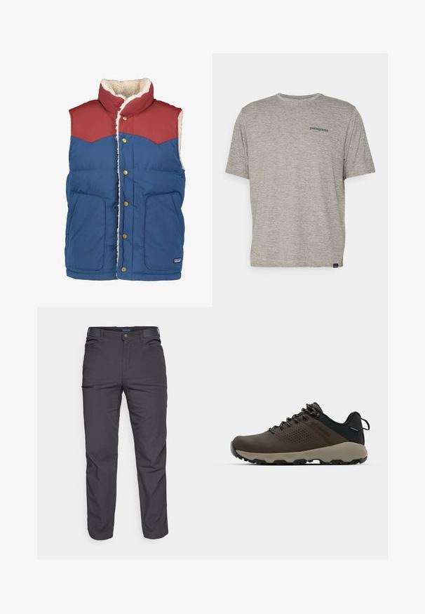 Patagonia REVERSIBLE VEST - Vestă - tidepool blue; Tricou gri cu mânecă scurtă, fabricat dintr-un material moale și texturat, având un mic logo al brandului Patagonia în culoare albastră pe pieptul stâng. Fără modele suplimentare.; Pantaloni negri închis dintr-un material rezistent, cu un buzunar cu fermoar, croială dreaptă și bucle pentru curea pentru ajustarea potrivirii.; Adidași impermeabili maro, cu un superior texturat, accente perforate, suport pentru călcâie negru și o talpă din cauciuc gri. Șireturile au vârfuri metalice.