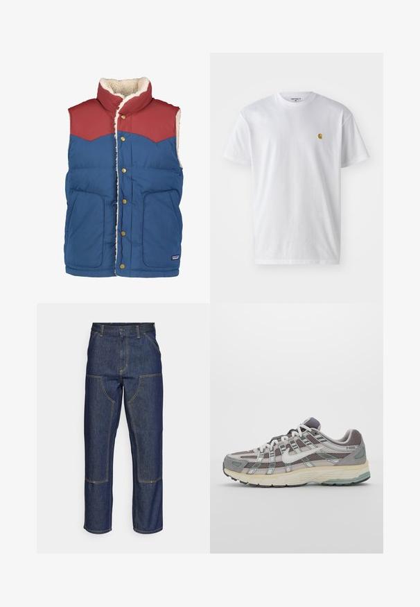 Patagonia REVERSIBLE VEST - Väst - tidepool blue; Vit bomullströja med korta ärmar, rund halsringning, med en liten guldlogotyp på vänster bröstområde. Mjuk textur och vanlig passform.; Mörkblå denimjeans med hög midja, rak bendesign, kontrasterande sömmar och fickor på framsidan.; Grå atletiska sko med en överdel av mesh och mocka, vita accenter, en vadderad sula och en unik design med reflekterande element.