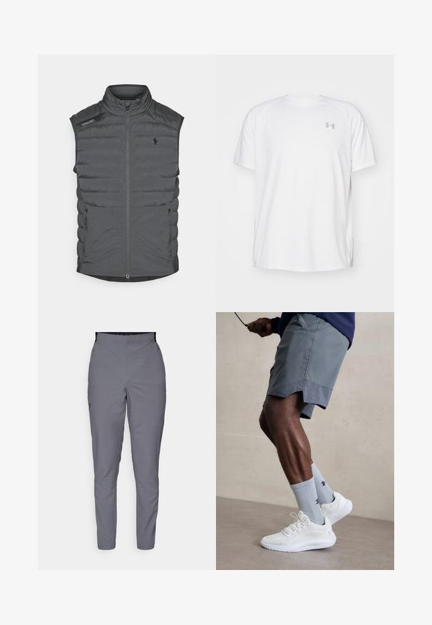 Harmaa puffervesti, jossa on korkea kaulus, vetoketjukiinnitys, olkatasku ja sivutaskut; siinä on vaakasaumointi tekstuurin ja lämmön lisäämiseksi.; Valkoinen lyhythihainen urheilupaita, joka on valmistettu sileästä kankaasta. Paidassa on pyöreä kaula-aukko ja harmaa logo vasemmassa rinnassa, sekä sivuhalkiot helmassa.; Harmaat, kapenevat housut, joissa on sileä pinta, joustava vyötärö ja sivutaskut. Vasemmassa reidessä pieni logo.; Valkoiset urheilukengät, joissa on karkea verkkomateriaali, yhdessä vaaleansinisten ribattujen sukkien kanssa, joissa on logo. Harmaat urheiluhousut, joissa on rei'itetty reunus.