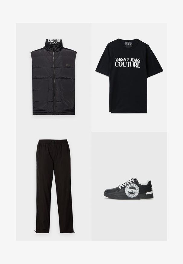 Svart, ärmlös pufferväst med hög krage, framdragkedja, två framfickor och en logotyp-patch på vänster bröst. Slät, glänsande textur.; Svart bomullströja med korta ärmar som har stor vit text "VERSACE JEANS COUTURE" på framsidan. Klassisk rundad halsringning.; Svarta lätta byxor med elastisk midja, snörning och dragkedja vid bensluten för justerbar passform. Slät och elegant yta.; Svart lädersneakers med vita accenter, rund logodetalj, perforerad tå och kontrasterande sula. Har vita snören och varumärkeslogotyp.