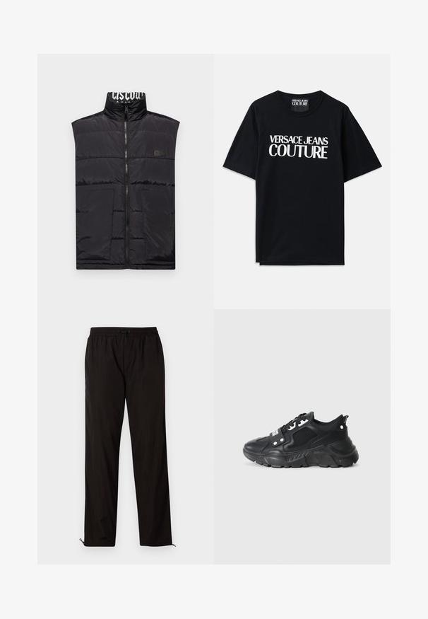 Črn brezrokavnik z visokim ovratnikom, sprednjim zadrgo, dvema sprednjima žepek in logotipnim pečatom na levem prsnem košu. Gladka, sijoča tekstura.; Črna bombažna majica s kratkimi rokavi, ki na sprednji strani prikazuje veliko belo besedilo "VERSACE JEANS COUTURE". Klasična zasnova s krožnim ovratnikom.; Črne lahke hlače z elastičnim pasom, zapiranjem na vrvico in zadrgo na robovih za prilagodljivost. Gladka, sijoča tekstura.; Črne atletske superge z teksturiranim mrežastim panelom, debelim gumijastim podplatom, kontrastnimi poudarki in vezalnim zapiranjem. Imajo zanko na hrbtni strani.