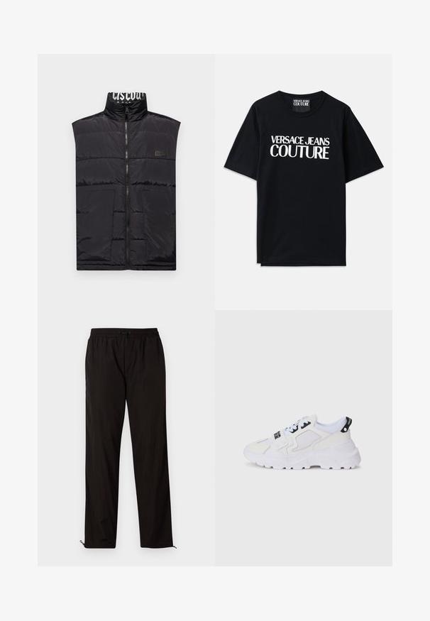 Črn brezrokavnik z visokim ovratnikom, sprednjim zadrgo, dvema sprednjima žepek in logotipnim pečatom na levem prsnem košu. Gladka, sijoča tekstura.; Črna bombažna majica s kratkimi rokavi, ki na sprednji strani prikazuje veliko belo besedilo "VERSACE JEANS COUTURE". Klasična zasnova s krožnim ovratnikom.; Črne lahke hlače z elastičnim pasom, zapiranjem na vrvico in zadrgo na robovih za prilagodljivost. Gladka, sijoča tekstura.; Beli atletski supergi z mrežasto zgornjico, debelim podplatom in črnimi poudarki z natisnjenim logotipom. Teksturiran in strukturiran dizajn.