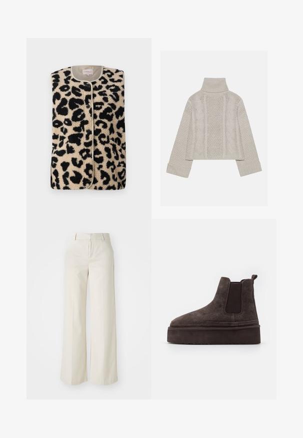 ONLY ONLBABY VEST - Vest - pumice stone; Afskåret, lysegrå striktrøje med højt krave og ribbede manchetter, prydet med teksturerede kabelmønstre ned ad ryggen og siderne.; Bredde ben-bukser i en lys beige farve, lavet af et glat stof. Har en klassisk talje og flad front med rene linjer.; Brune ruskinds Chelsea støvler med elastiske sidepaneler og en tyk, struktureret platåsål. Har en strop bagpå til nem påtagning.